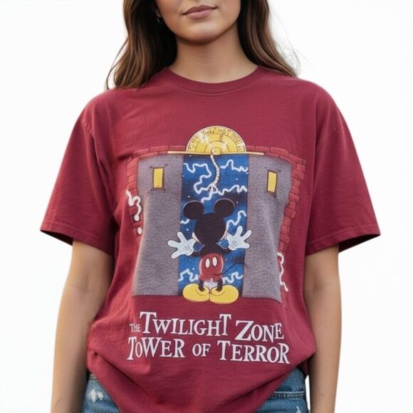 Disney Tops - Vintage Maroon Disney Mickey Mouse Twilight Zone of Terror Tee T-Shirt Top Sz XL